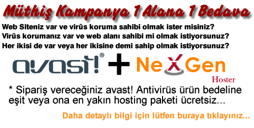 Web Siteniz var ve vir�s koruma sahibi olmak ister misiniz? Vir�s koruman�z var ve web alan� sahibi mi olmak istiyorsunuz? Her ikisi de var veya her ikisine demi sahip olmak istiyorsunuz? Sipari� verece�iniz avast! Antivir�s �r�n bedeline e�it veya ona en yak�n hosting paketi �cretsiz...